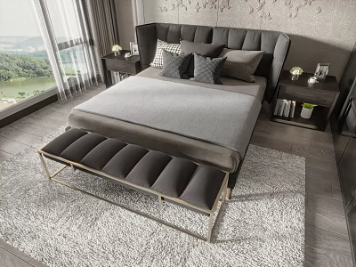 Modern Double Bed With Stylish Headboard Nightstand Vase Books Window View And White Rug 3d model