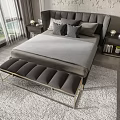 Modern Double Bed With Stylish Headboard Nightstand Vase Books Window View And White Rug