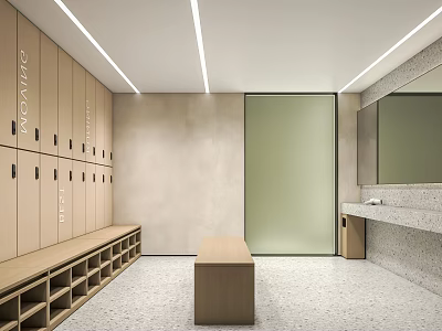 Functional Locker Room Interior Design With Wooden Bench Stone Washbasin And Frosted Glass Door 3d model