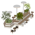Landscape Seats With Green Plants Lamp Posts And Trees In Outdoor Leisure Area