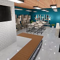 Modern Cafe Interior With Open Space Wooden Ceiling Blue Walls Tables Chairs And Bookshelves