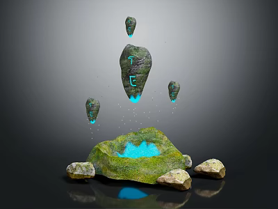 Futuristic Rock Formation With Green Platform Blue Pool Floating Rocks Glowing Lines And Water Droplets 3d model