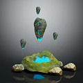 Futuristic Rock Formation With Green Platform Blue Pool Floating Rocks Glowing Lines And Water Droplets
