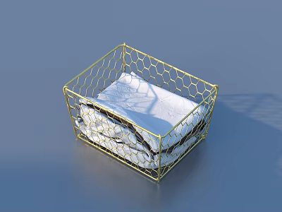 Golden Wire Mesh Basket With White Folded Cloth For Household Supplies Organizer 3d model