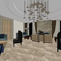 Modern Shop Front Desk With Chandelier Seats Carpet And Decorative Elements