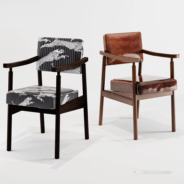 Modern Dining Chairs With Patterned Cushions Black Frame And Brown Leather Wooden Design 3d model 