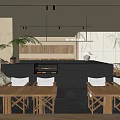 Modern Cafe Interior With Black Counter Stone Decor Potted Plant And Display Case