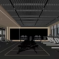 Modern Gym Interior With Treadmills Weight Machines Large Windows And Striped Ceiling