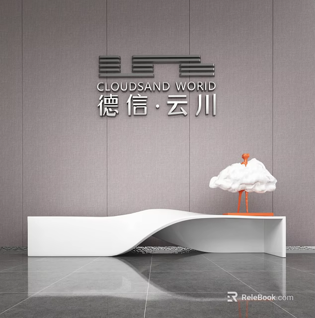 Cloudsand World Sales Office With White Curved Table Cloud Decoration Gray Wall And Brand Logo 3d model 