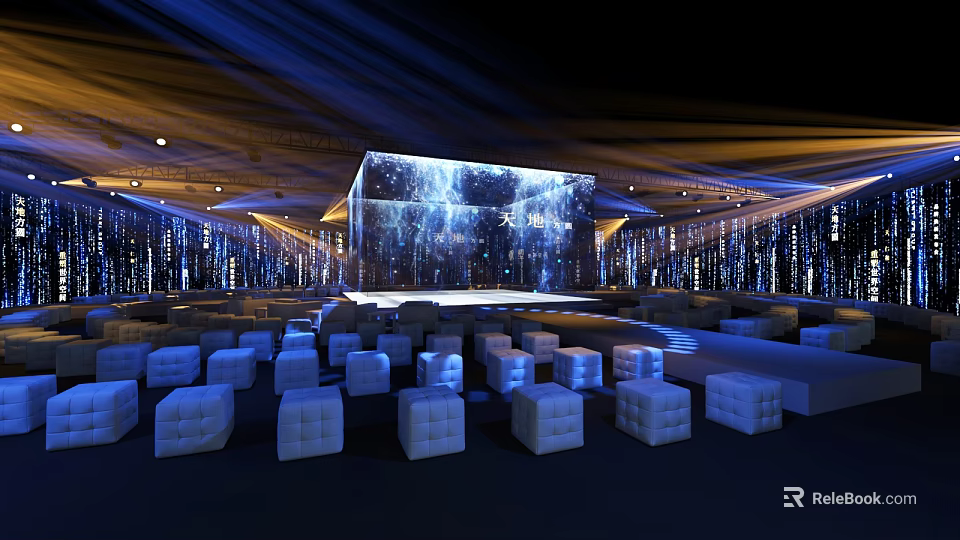 Modern Event Venue With Large LED Stage And White Cube Seats Under Blue Lighting 3d model 