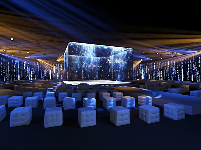 Modern Event Venue With Large LED Stage And White Cube Seats Under Blue Lighting 3d model