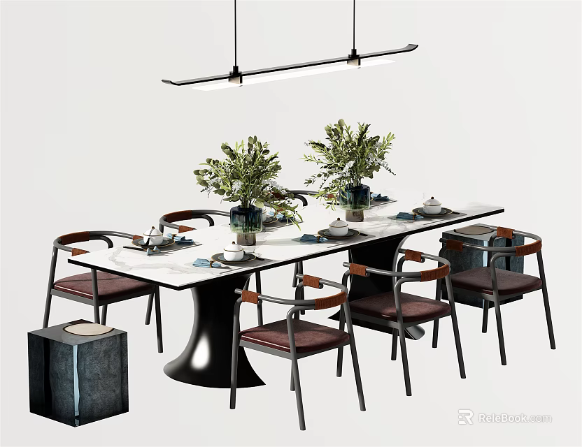 Modern Dining Table Set With Brown Chairs Green Plants Tableware And Hanging Light 3d model