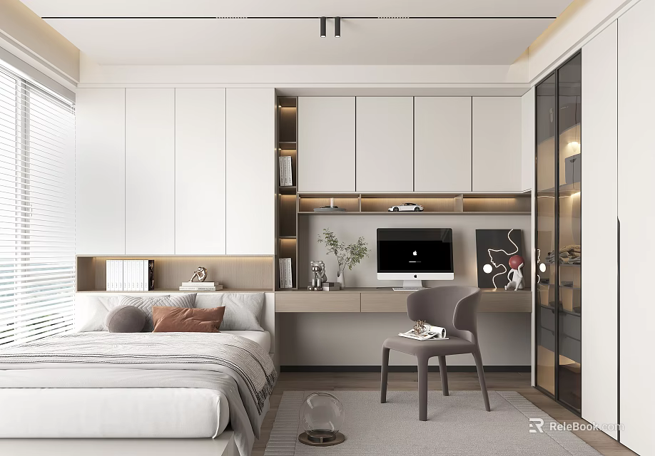 Modern Tatami Bedroom Interior With White Cabinets Desk Chair And Natural Lighting 3d model 