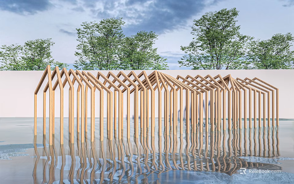 Garden Landscape With Wooden Structures Triangular Roofs Neatly Arranged Reflected In Water And Trees 3d model