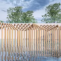 Garden Landscape With Wooden Structures Triangular Roofs Neatly Arranged Reflected In Water And Trees 3d model