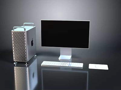 Modern Apple Desktop Setup With Silver Tower Monitor Keyboard And Mouse 3d model