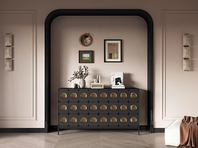 Black Entryway Console Cabinet With Gold Circular Accents And Decorative Vases On Beige Wall 3d model