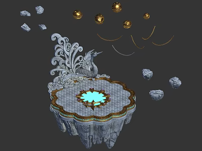 Ornate Stone Platform With Phoenix Carving Blue Glow And Golden Spheres 3d model