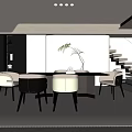 Modern Restaurant Interior Design With Dining Table Chairs Plant And Staircase