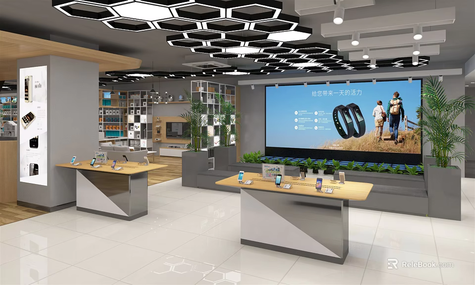 Modern Digital Store Interior Featuring Display Tables With Electronic Products And Large Screen 3d model 