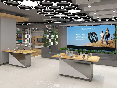Modern Digital Store Interior Featuring Display Tables With Electronic Products And Large Screen 3d model