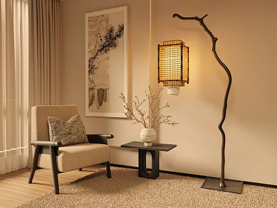 Chandelier With Wicker Shade In Living Room Featuring Natural Branch Floor Lamp And Beige Armchair 3d model