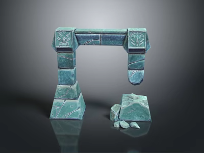 Green Carved Stone Arch Structure With Stacked Blocks And Decorative Details 3d model