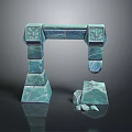 Green Carved Stone Arch Structure With Stacked Blocks And Decorative Details
