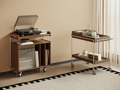 Wooden Rolling Carts With Vinyl Record Player Tea Set And Checkered Rug 3d model