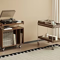 Wooden Rolling Carts With Vinyl Record Player Tea Set And Checkered Rug