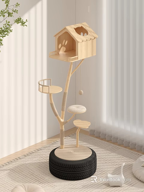 Light Wood Cat Tree With Platforms And Hanging Ball 3d model 