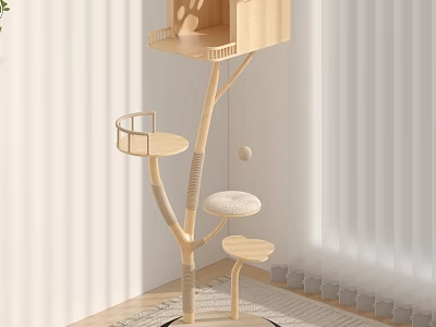 Light Wood Cat Tree With Platforms And Hanging Ball 3d model