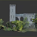Medieval Castle Structure Featuring Stone Tower Arched Doors And Lush Greenery 3d model