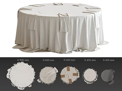 Round Dining Table With White Tablecloth Various Sizes And Wrinkle Details 3d model