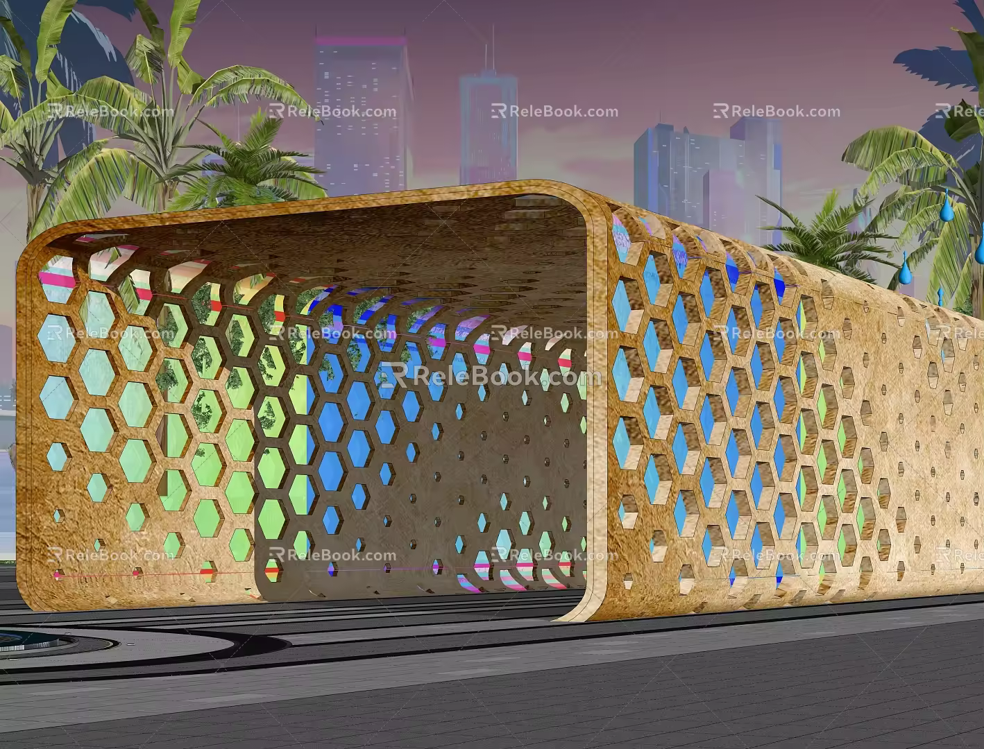 Hexagonal grid gallery pavilion subway entrance bus platform 3d model