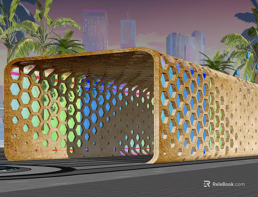 Modern Pergola With Honeycomb Shaped Holes Colored Glass Wooden Design Near Palm Trees City Skyline 3d model 