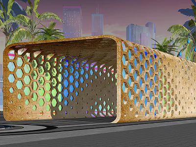 Modern Pergola With Honeycomb Shaped Holes Colored Glass Wooden Design Near Palm Trees City Skyline 3d model
