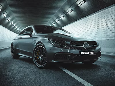 Silver Mercedes AMG Sporty Car Driving Through Illuminated Tunnel On Asphalt Road 3d model