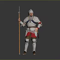Game and Movie Character in Silver Armor Holding Spear with Red Pants and Helmet