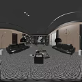 Modern Black Office Interior With Bookshelves Leather Sofas Wooden Desk And Large Windows