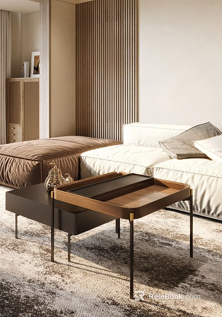 Modern Coffee Table With Wooden Tray Top And Metal Legs In Living Room 3d model 