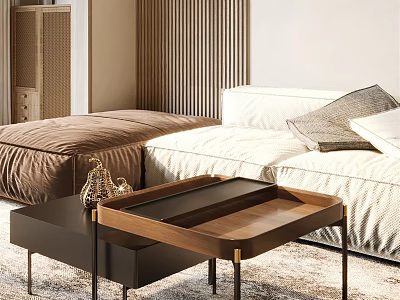 Modern Coffee Table With Wooden Tray Top And Metal Legs In Living Room 3d model