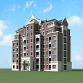 European Style Residential Building With Balconies Brown Beige Exterior Green Lawn And Blue Sky
