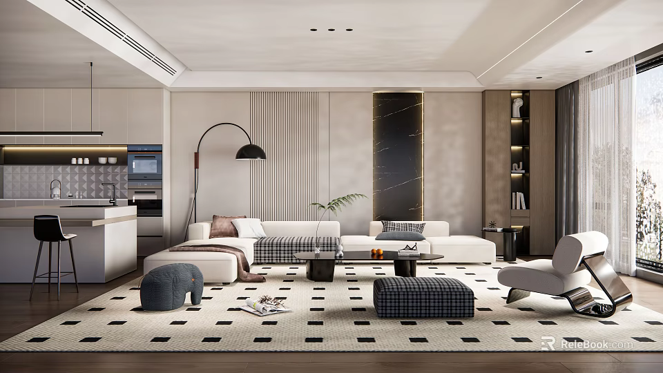 Modern Living Room Interior Design With Large Sofa Area Rug And Floor Lamp 3d model 