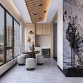 Modern Living Dining Room Interior With Circular Ceiling Light Sofa Coffee Table And City View