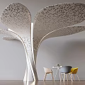 Tree Shaped Column Design With Perforated Leaf Shapes Small Table Chairs Gray Wall Wooden Floor 3d model