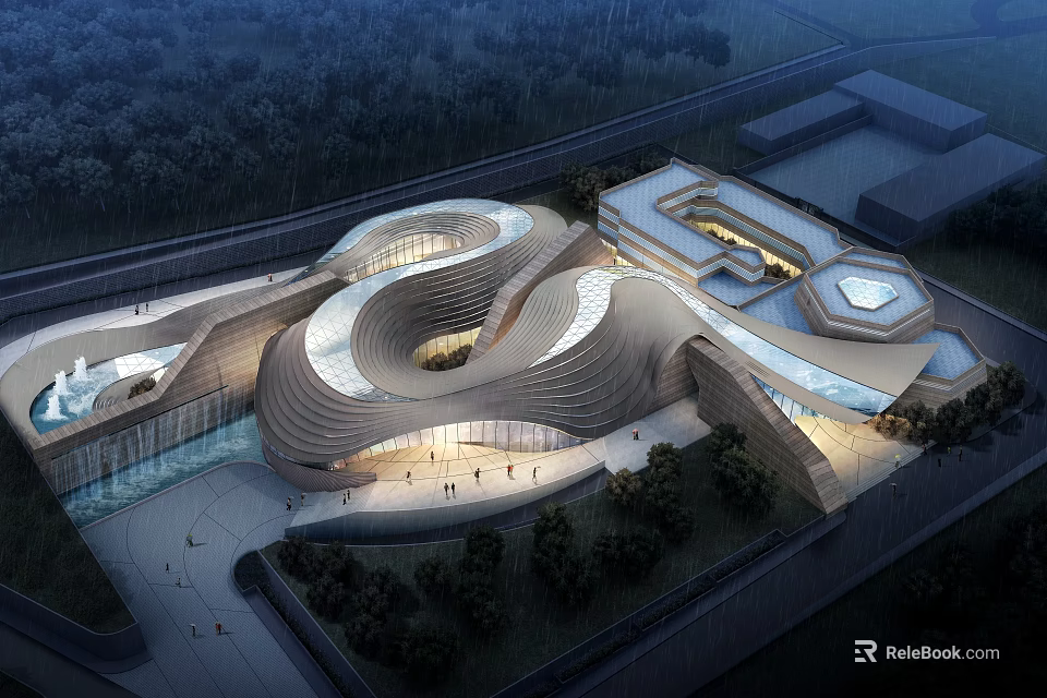 Modern Curved Museum Building Featuring Wooden Exterior Evening Lighting And Water Features Surrounded By Trees 3d model 