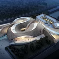 Modern Curved Museum Building Featuring Wooden Exterior Evening Lighting And Water Features Surrounded By Trees