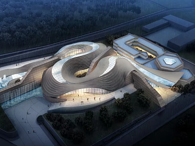 Modern Curved Museum Building Featuring Wooden Exterior Evening Lighting And Water Features Surrounded By Trees 3d model