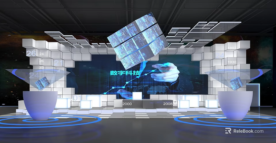 Digital Technology Exhibition Scene Hand Operating Floating Blue Cube Modern Stage Screen Light Rings 3d model 